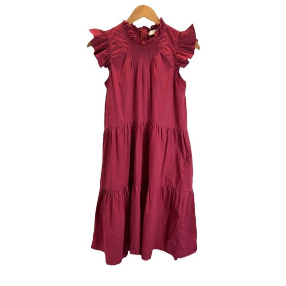 Sea NY Maroon Tiered Beach Resort midi flutter sleeve Dress Size 2 preppy poplin - Picture 1 of 9